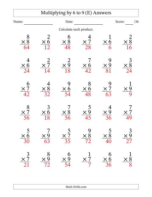 The Multiplying (1 to 9) by 6 to 9 (36 Questions) (E) Math Worksheet Page 2