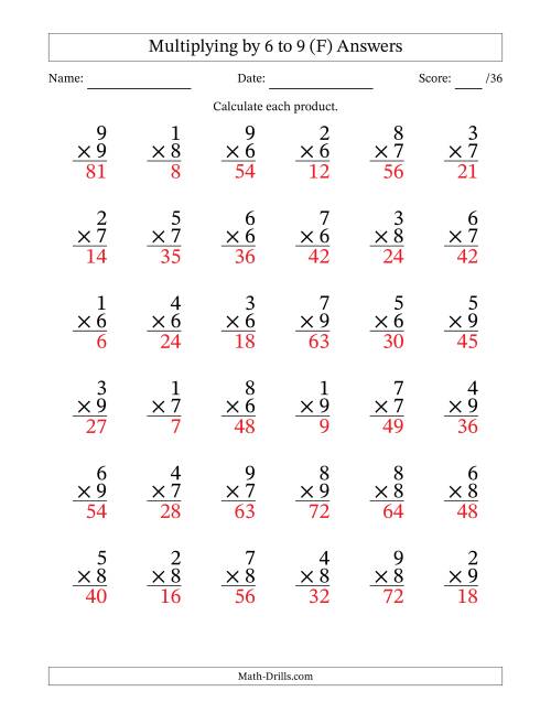 The Multiplying (1 to 9) by 6 to 9 (36 Questions) (F) Math Worksheet Page 2