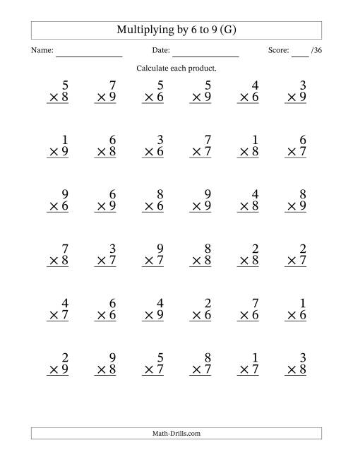The Multiplying (1 to 9) by 6 to 9 (36 Questions) (G) Math Worksheet