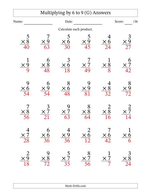 The Multiplying (1 to 9) by 6 to 9 (36 Questions) (G) Math Worksheet Page 2