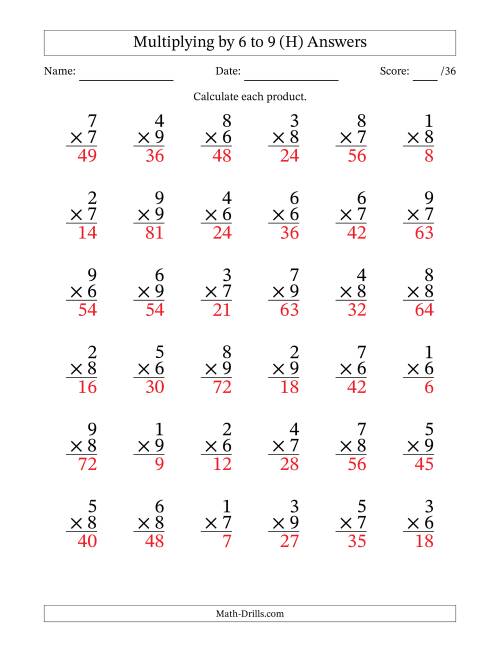The Multiplying (1 to 9) by 6 to 9 (36 Questions) (H) Math Worksheet Page 2