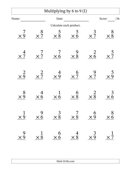 The Multiplying (1 to 9) by 6 to 9 (36 Questions) (I) Math Worksheet