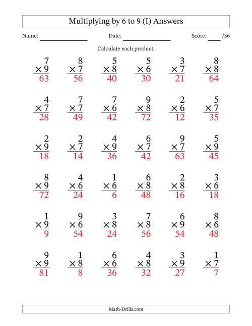 The Multiplying (1 to 9) by 6 to 9 (36 Questions) (I) Math Worksheet Page 2