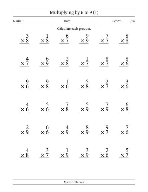 The Multiplying (1 to 9) by 6 to 9 (36 Questions) (J) Math Worksheet