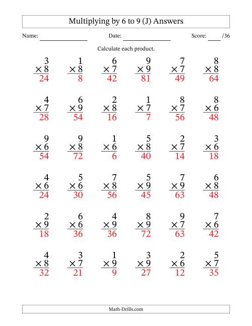 The Multiplying (1 to 9) by 6 to 9 (36 Questions) (J) Math Worksheet Page 2