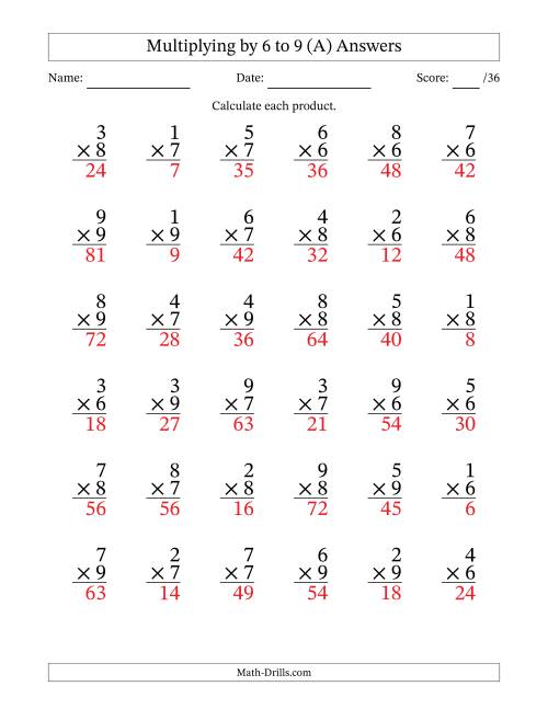 The Multiplying (1 to 9) by 6 to 9 (36 Questions) (All) Math Worksheet Page 2