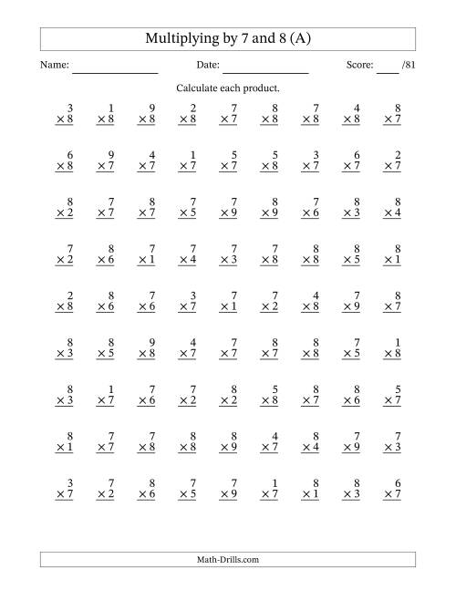 The Multiplying (1 to 9) by 7 and 8 (81 Questions) (A) Math Worksheet