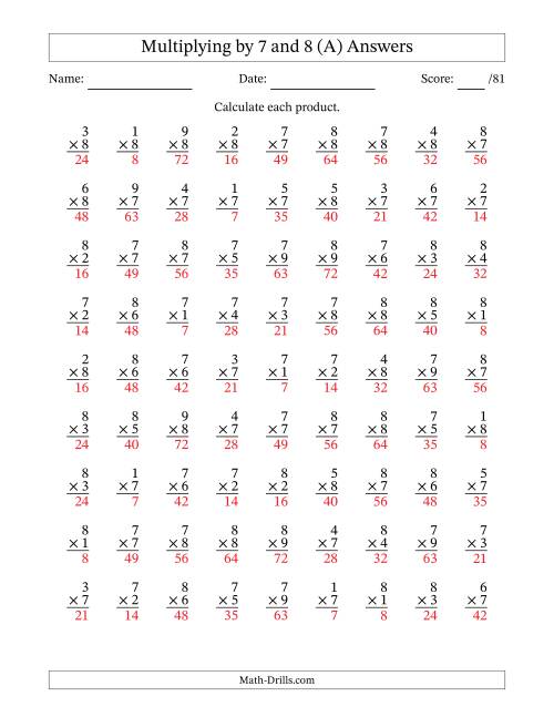 The Multiplying (1 to 9) by 7 and 8 (81 Questions) (A) Math Worksheet Page 2