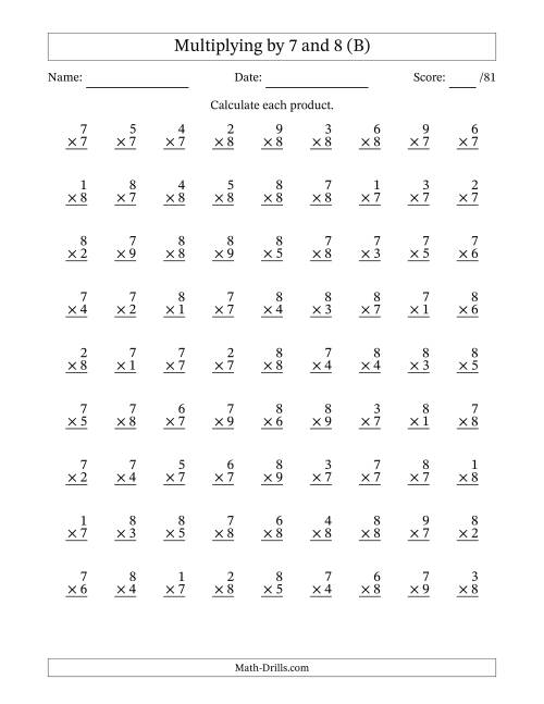 The Multiplying (1 to 9) by 7 and 8 (81 Questions) (B) Math Worksheet
