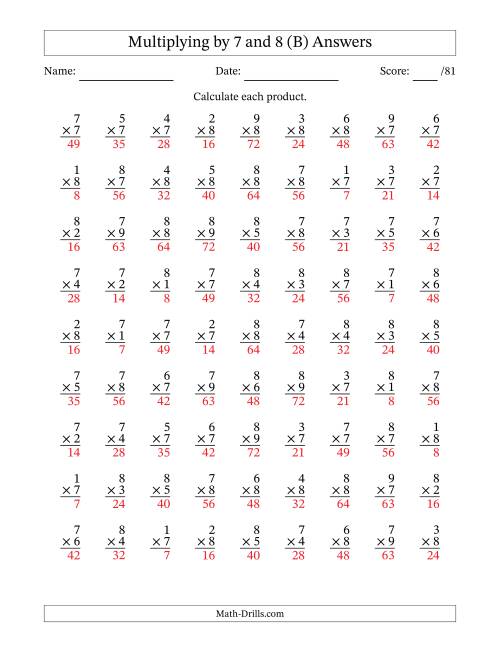 The Multiplying (1 to 9) by 7 and 8 (81 Questions) (B) Math Worksheet Page 2