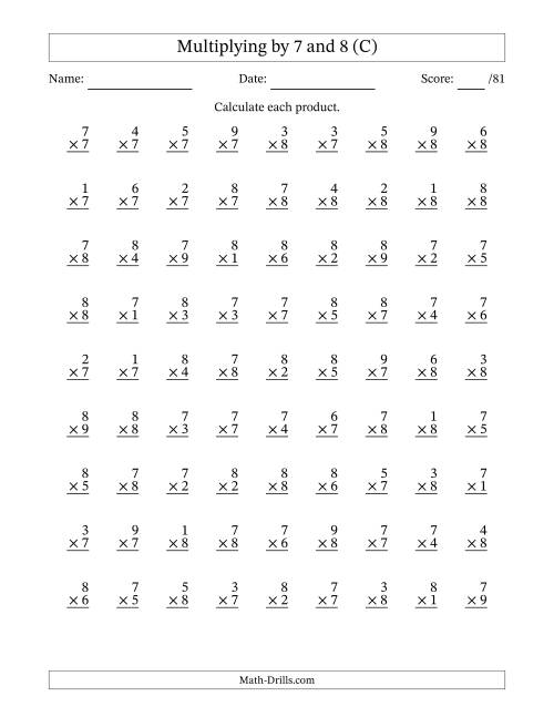 The Multiplying (1 to 9) by 7 and 8 (81 Questions) (C) Math Worksheet