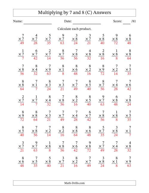 The Multiplying (1 to 9) by 7 and 8 (81 Questions) (C) Math Worksheet Page 2