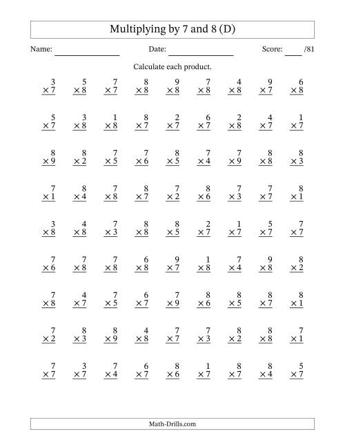 The Multiplying (1 to 9) by 7 and 8 (81 Questions) (D) Math Worksheet