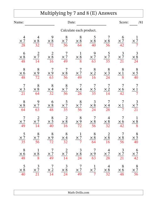 The Multiplying (1 to 9) by 7 and 8 (81 Questions) (E) Math Worksheet Page 2