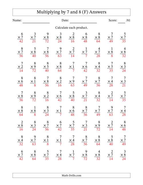 The Multiplying (1 to 9) by 7 and 8 (81 Questions) (F) Math Worksheet Page 2