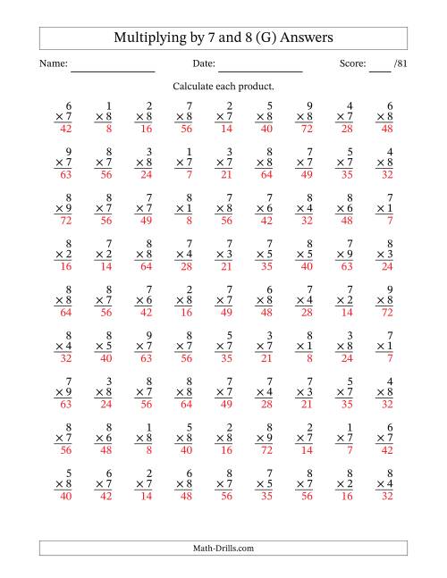 The Multiplying (1 to 9) by 7 and 8 (81 Questions) (G) Math Worksheet Page 2