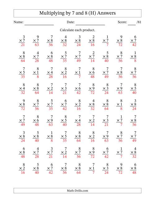 The Multiplying (1 to 9) by 7 and 8 (81 Questions) (H) Math Worksheet Page 2