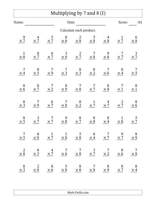 The Multiplying (1 to 9) by 7 and 8 (81 Questions) (I) Math Worksheet