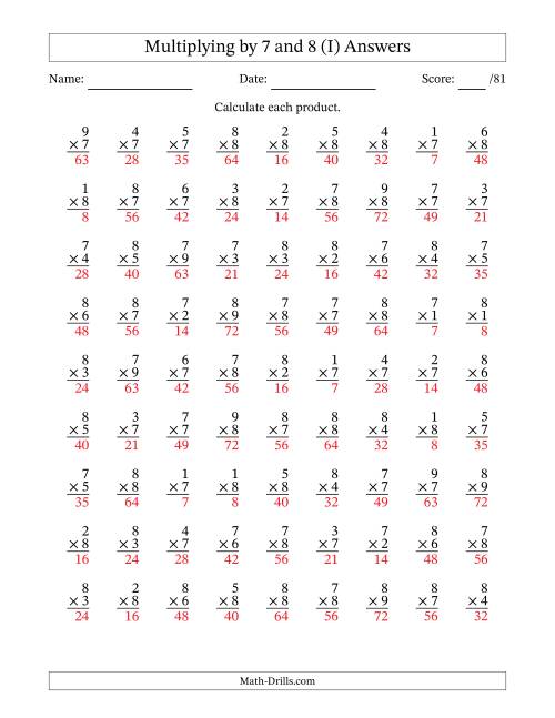 The Multiplying (1 to 9) by 7 and 8 (81 Questions) (I) Math Worksheet Page 2