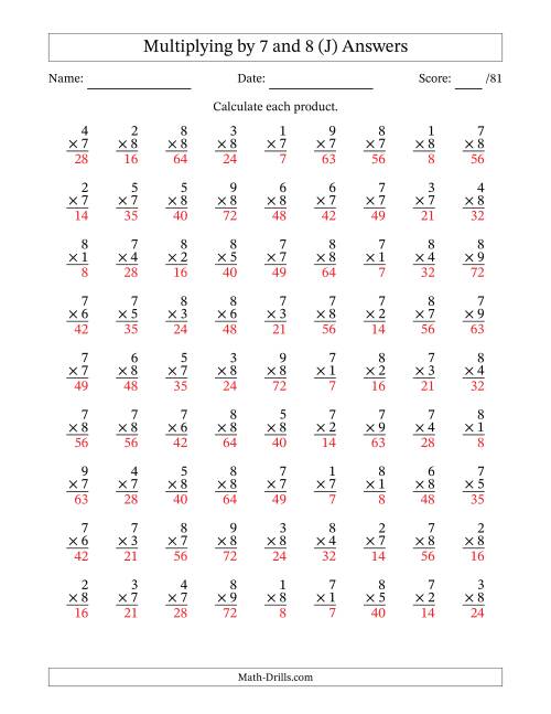 The Multiplying (1 to 9) by 7 and 8 (81 Questions) (J) Math Worksheet Page 2