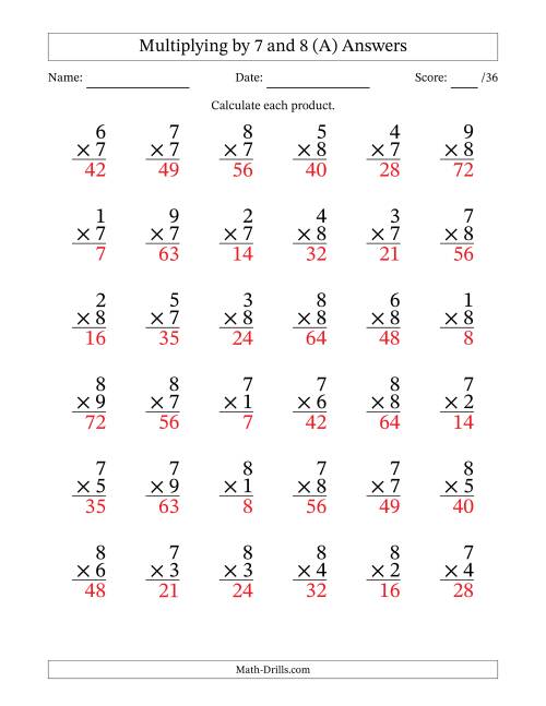 The Multiplying (1 to 9) by 7 and 8 (36 Questions) (A) Math Worksheet Page 2