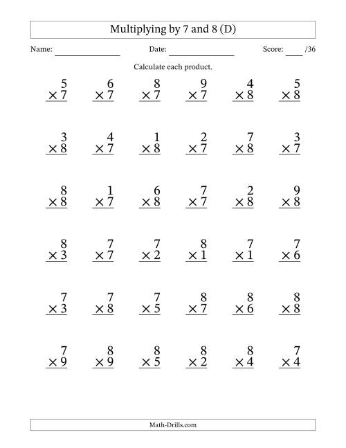 The Multiplying (1 to 9) by 7 and 8 (36 Questions) (D) Math Worksheet