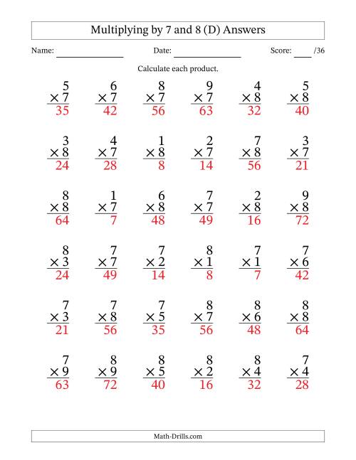 The Multiplying (1 to 9) by 7 and 8 (36 Questions) (D) Math Worksheet Page 2