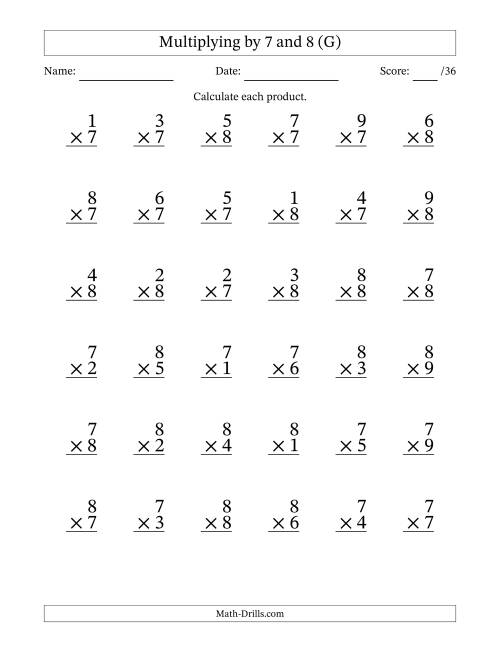 The Multiplying (1 to 9) by 7 and 8 (36 Questions) (G) Math Worksheet