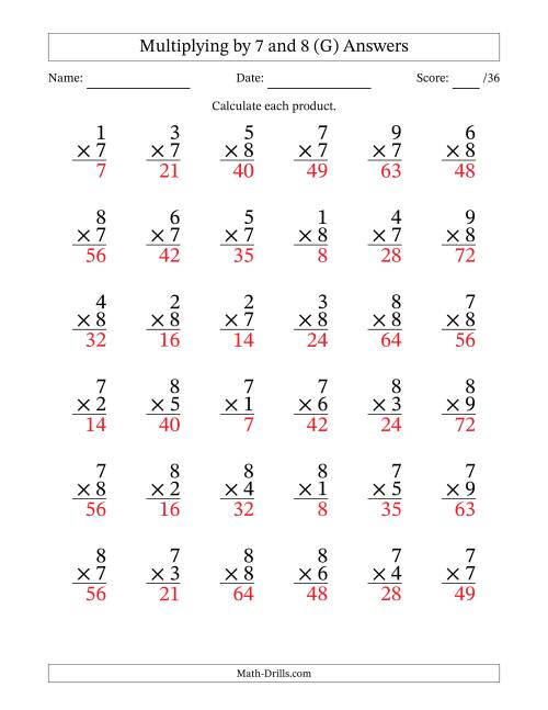 The Multiplying (1 to 9) by 7 and 8 (36 Questions) (G) Math Worksheet Page 2