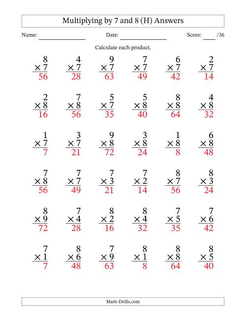 The Multiplying (1 to 9) by 7 and 8 (36 Questions) (H) Math Worksheet Page 2