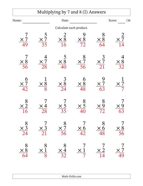 The Multiplying (1 to 9) by 7 and 8 (36 Questions) (I) Math Worksheet Page 2
