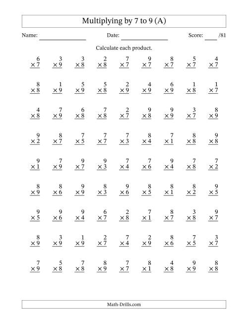 The Multiplying (1 to 9) by 7 to 9 (81 Questions) (A) Math Worksheet