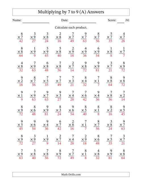 The Multiplying (1 to 9) by 7 to 9 (81 Questions) (A) Math Worksheet Page 2