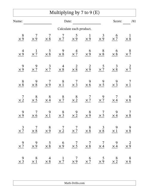 The Multiplying (1 to 9) by 7 to 9 (81 Questions) (E) Math Worksheet