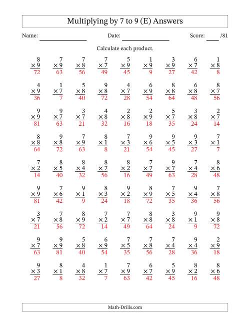 The Multiplying (1 to 9) by 7 to 9 (81 Questions) (E) Math Worksheet Page 2