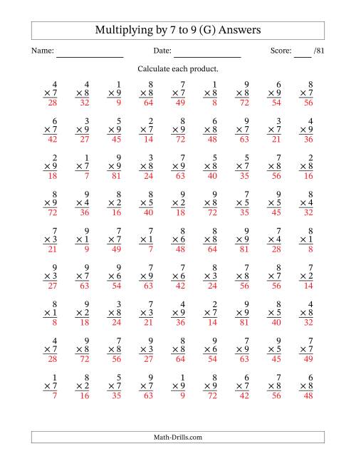 The Multiplying (1 to 9) by 7 to 9 (81 Questions) (G) Math Worksheet Page 2