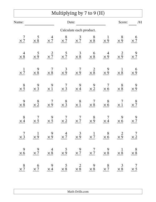 The Multiplying (1 to 9) by 7 to 9 (81 Questions) (H) Math Worksheet