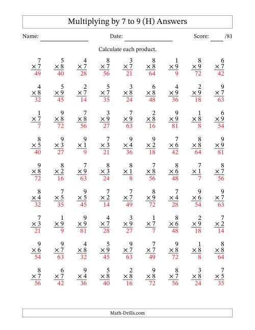 The Multiplying (1 to 9) by 7 to 9 (81 Questions) (H) Math Worksheet Page 2