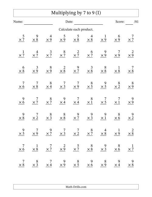The Multiplying (1 to 9) by 7 to 9 (81 Questions) (I) Math Worksheet