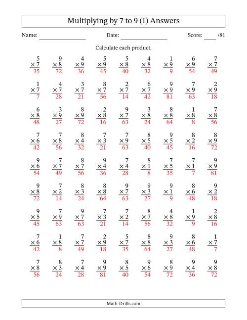 The Multiplying (1 to 9) by 7 to 9 (81 Questions) (I) Math Worksheet Page 2