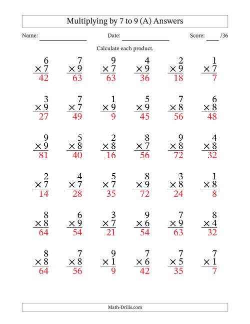 The Multiplying (1 to 9) by 7 to 9 (36 Questions) (A) Math Worksheet Page 2