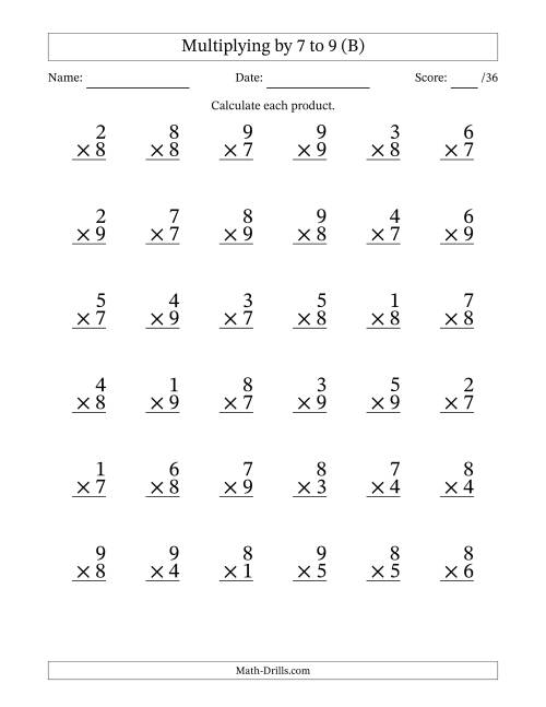 The Multiplying (1 to 9) by 7 to 9 (36 Questions) (B) Math Worksheet