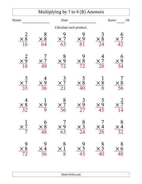 The Multiplying (1 to 9) by 7 to 9 (36 Questions) (B) Math Worksheet Page 2