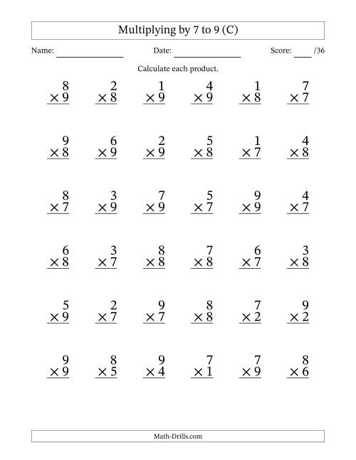 The Multiplying (1 to 9) by 7 to 9 (36 Questions) (C) Math Worksheet