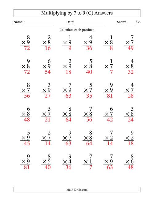 The Multiplying (1 to 9) by 7 to 9 (36 Questions) (C) Math Worksheet Page 2