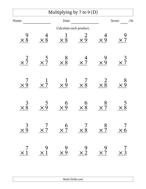 The Multiplying (1 to 9) by 7 to 9 (36 Questions) (D) Math Worksheet
