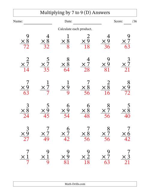 The Multiplying (1 to 9) by 7 to 9 (36 Questions) (D) Math Worksheet Page 2