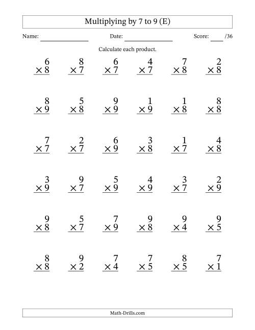 The Multiplying (1 to 9) by 7 to 9 (36 Questions) (E) Math Worksheet