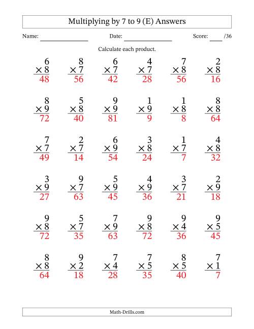 The Multiplying (1 to 9) by 7 to 9 (36 Questions) (E) Math Worksheet Page 2