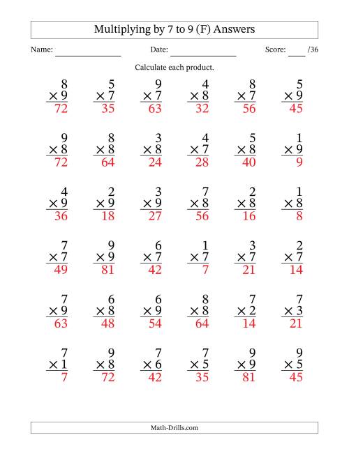 The Multiplying (1 to 9) by 7 to 9 (36 Questions) (F) Math Worksheet Page 2
